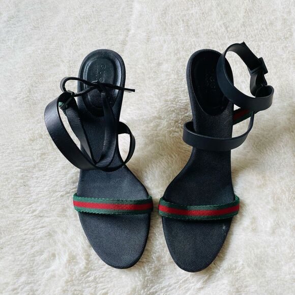 Vintage Gucci Web Stripe Women’s Shelly Ankle Heels Sandals - Picture 2 of 6